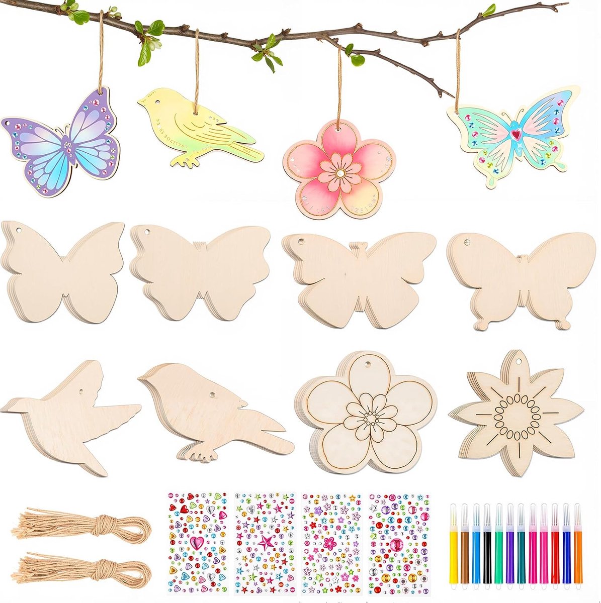 96-delige knutselset voor kinderen, houten hangers om te beschilderen met vlinder, bloem, vogel, houten knutselset, decoratie voor kinderverjaardag, doe-het-zelf creatieve set voor Pasen, lente, met