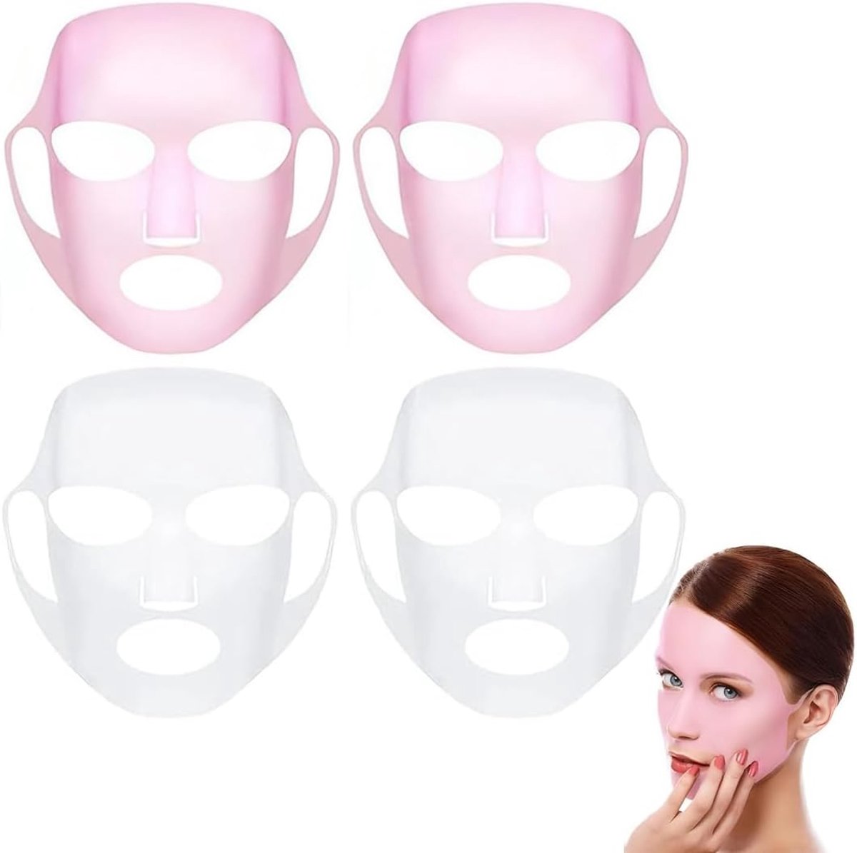 4 stuks 3D siliconen hydraterende gezichtsmaskers, gezichtsverzorgingsset, herbruikbaar gezichts-masker, sili-conen gezichtsstomer hydraterende masker (roze + transparant*2)