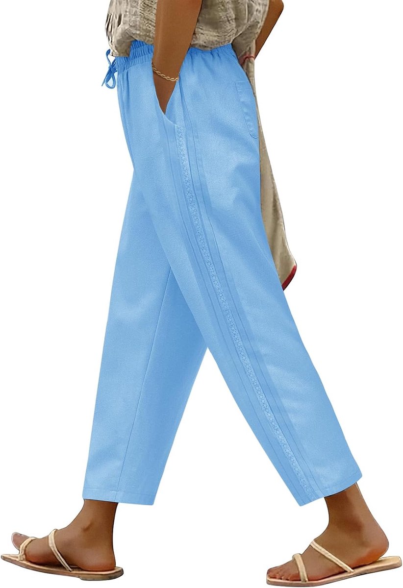 Zomerbroek voor dames, lichte en luchtige damesbroek, zomer, 7/8-broek, elastische tailleband, stoffen broek, losse katoenen broek, brede vrijetijdsbroek met trekkoord en zakken