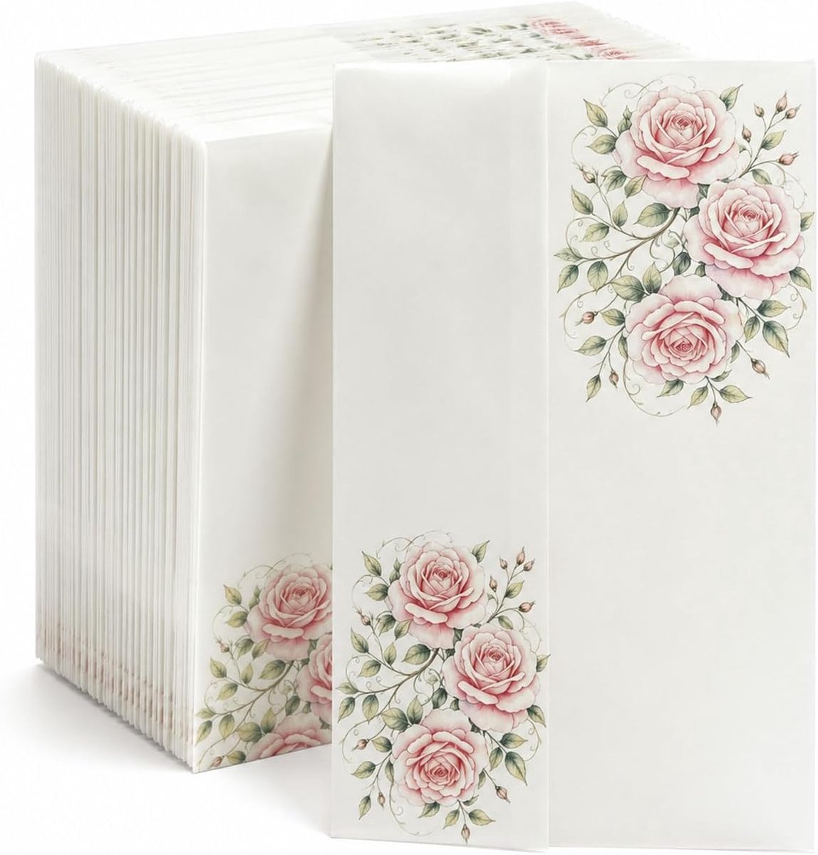 Enveloppen van Perkamentpapier met Roze Rozen – Doorschijnende Perkamentomslagen voor Trouwuitnodigingen, Kaarten & Brieven