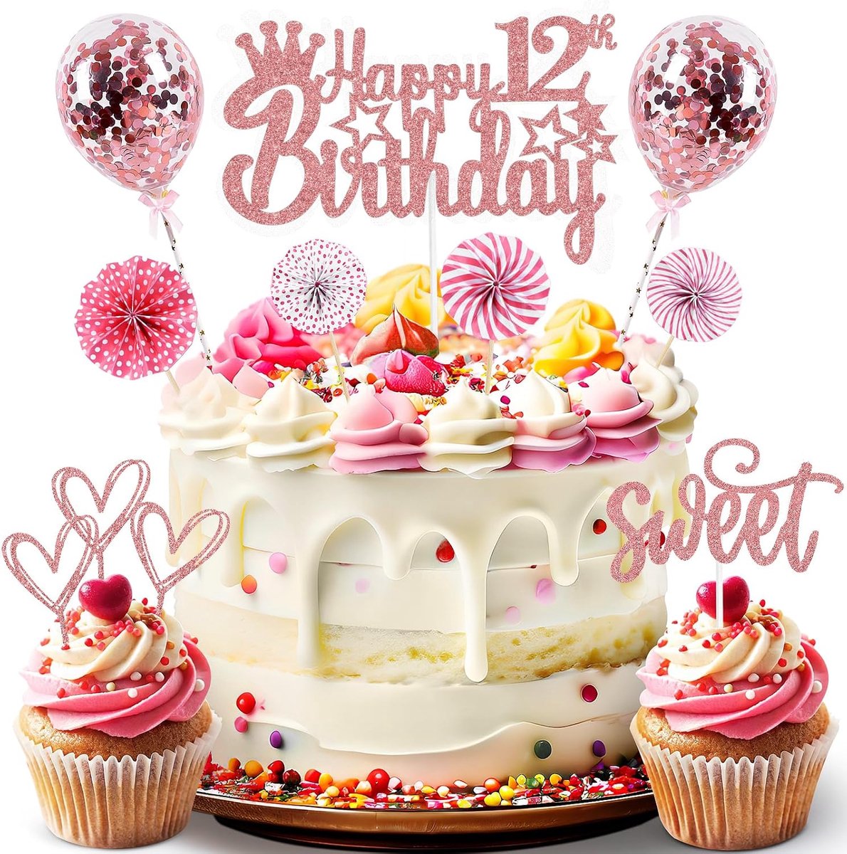 Roségoud, 12 jaar, meisjes, jongens, Happy 12th Birthday, taarttopper, glitter, taarttopper, confettiballonnen, 12e verjaardagstaart, decoratie, verjaardag, taartdecoratie