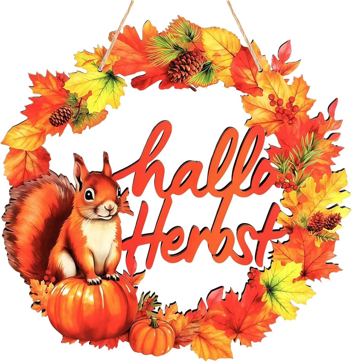 Deurbord, Herfst Hartelijk Welkom Bord, Herfstdecoratie met Eekhoorn en Herfstbladeren 30×30cm voor Voordeuren, Wanden en Dankdag Decoratie