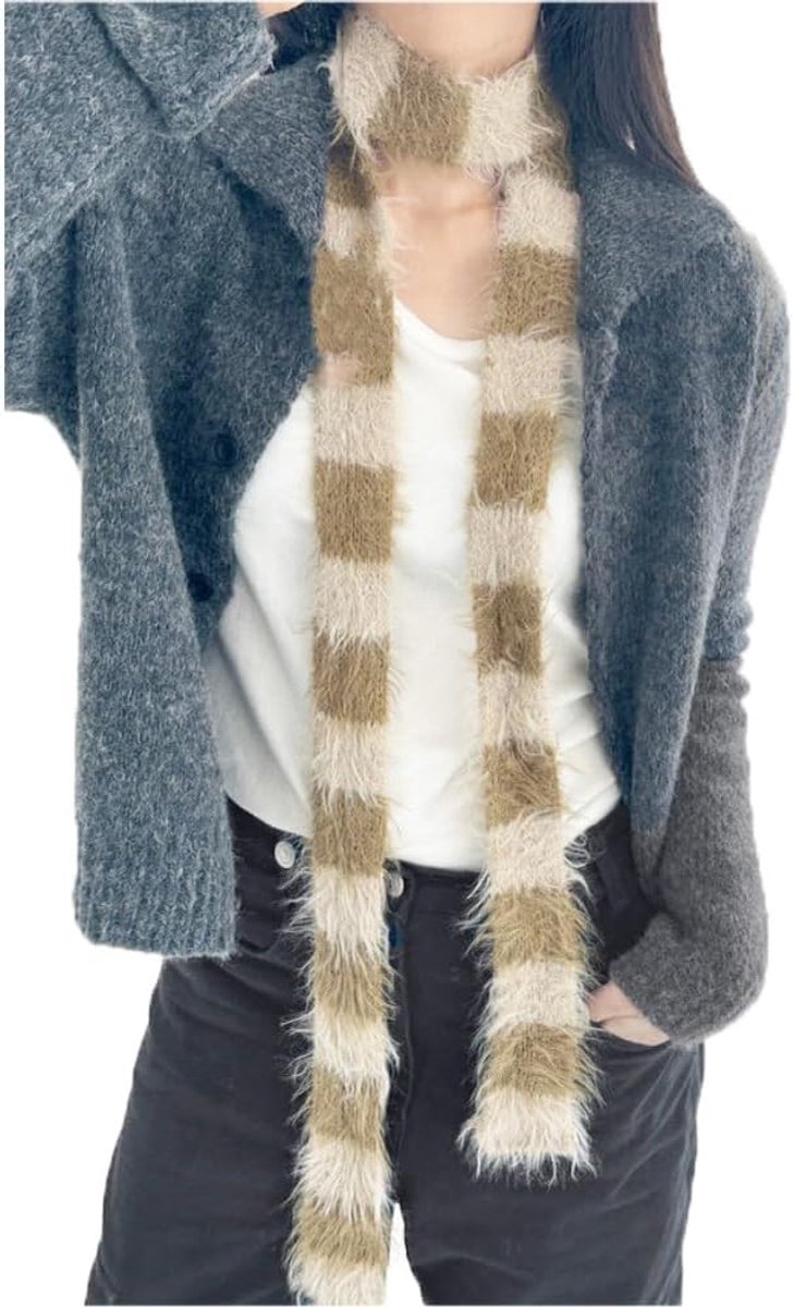 Damessjaal, lang, smal, halsdoek, dun, gebreide sjaal, gestreept, wollig, lange bontriem, ruige stropdas, haarband, wintersjaal, Y2K, voor meisjes, casual, reizen, fotograferen, 185 cm
