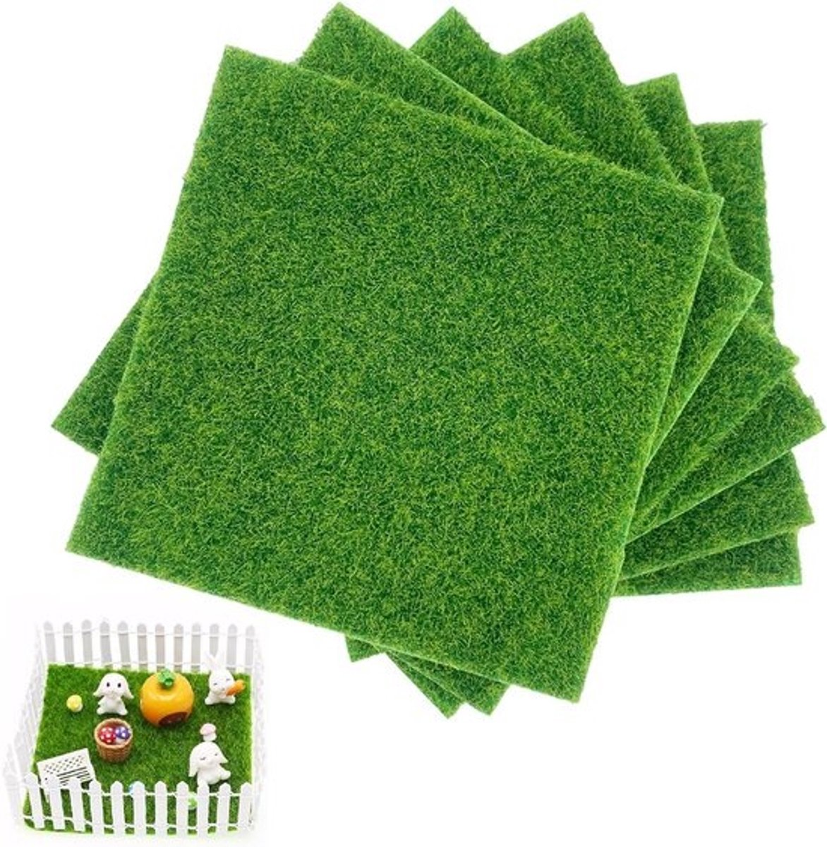VVGoods - Kunstgras Miniatuurtuin met 6 Stuks, 15 x 15 cm - Tuindecoratie Tegels Voor Terras, Tuin, Poppenhuis - Kunstmos om te Knutselen