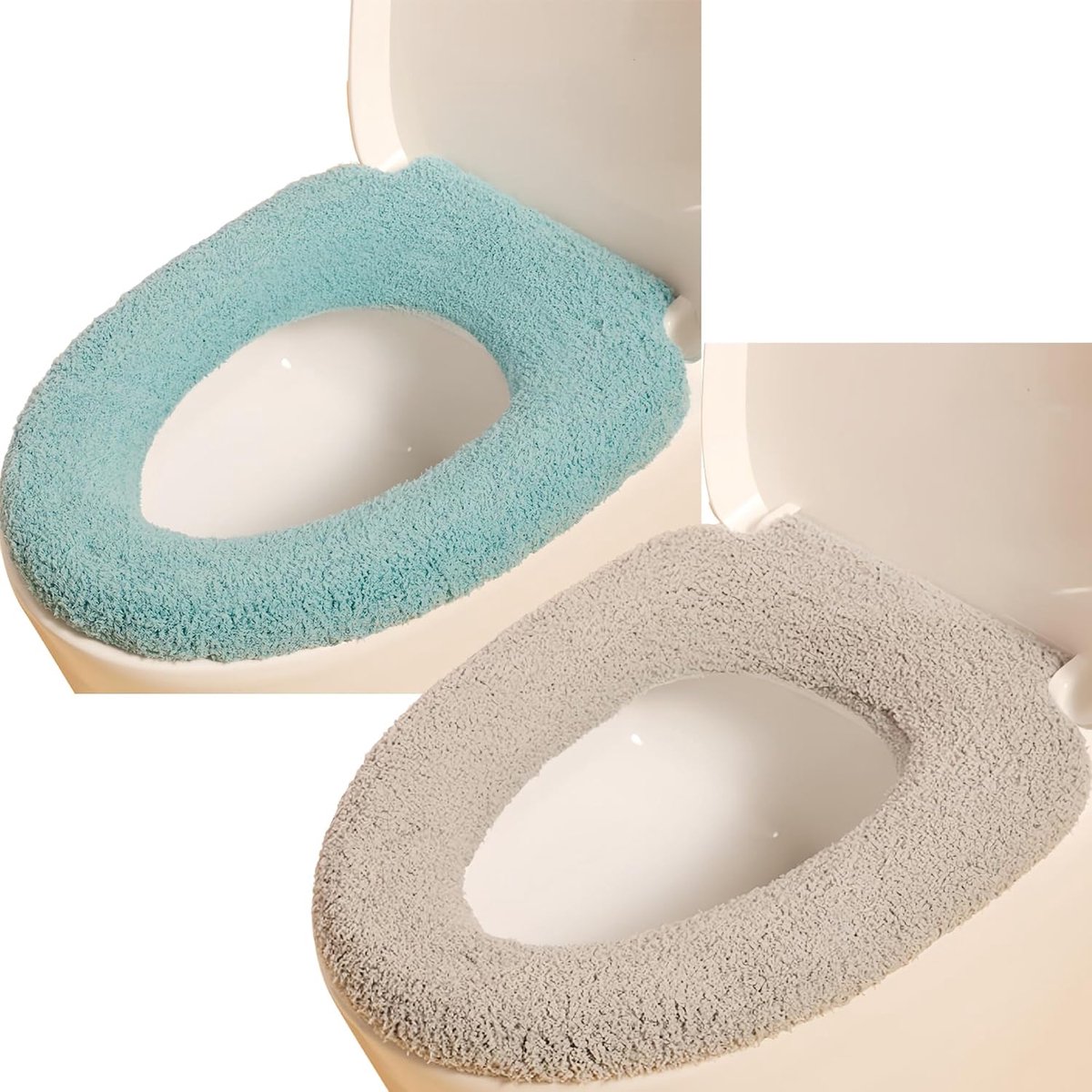 2 stuks toiletstoelhoes, toiletstoelhoes kussen met ophanglus badkamer zacht en warm wasbare hoes pads (grijs + blauw)
