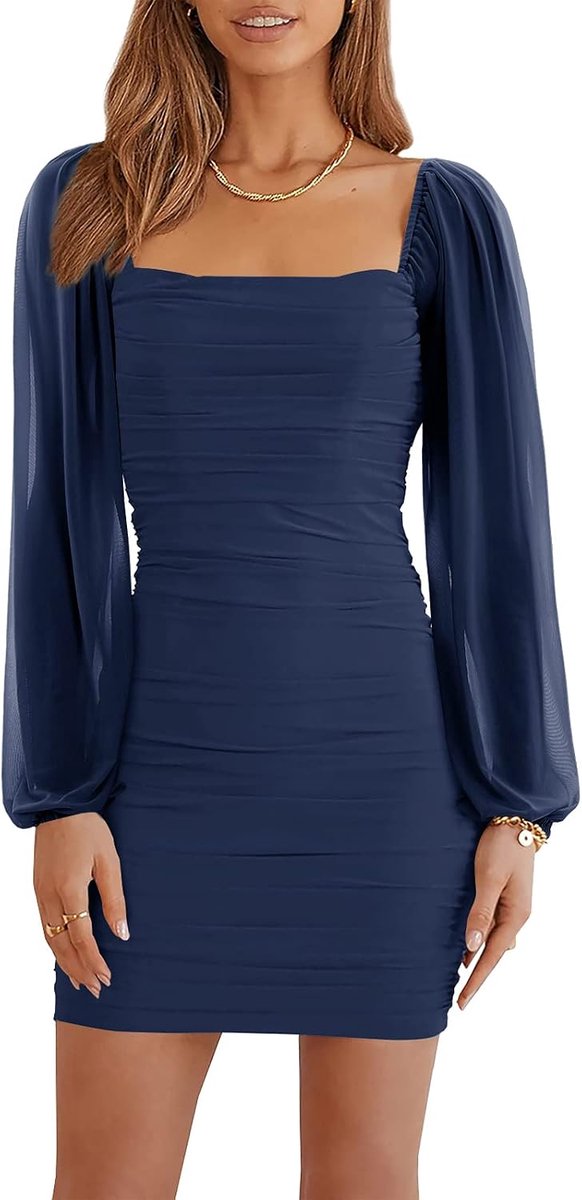 Mini-jurk voor dames, mesh, lange mouwen, vierkante hals, ruches, party, club, cocktail, bodycon