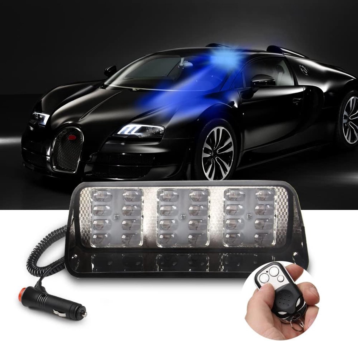 24 leds, blauw, stroboscoop, noodlicht met afstandsbediening, gevarenlamp, led, flits, met zuignap, 12 V, geschikt voor vrachtwagen, auto, SUV, binnen, dak, dashboard, voorruit