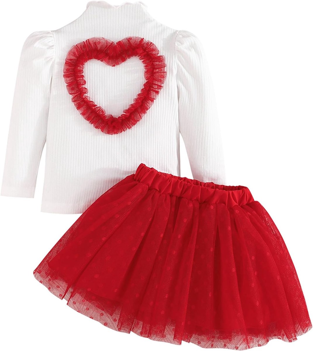 Rokken Outfit Lente Herfst Kinderen Kleding Liefde Hart Lange Mouw Geribbelde Gebreide Tops Mesh Tutu Rok Set