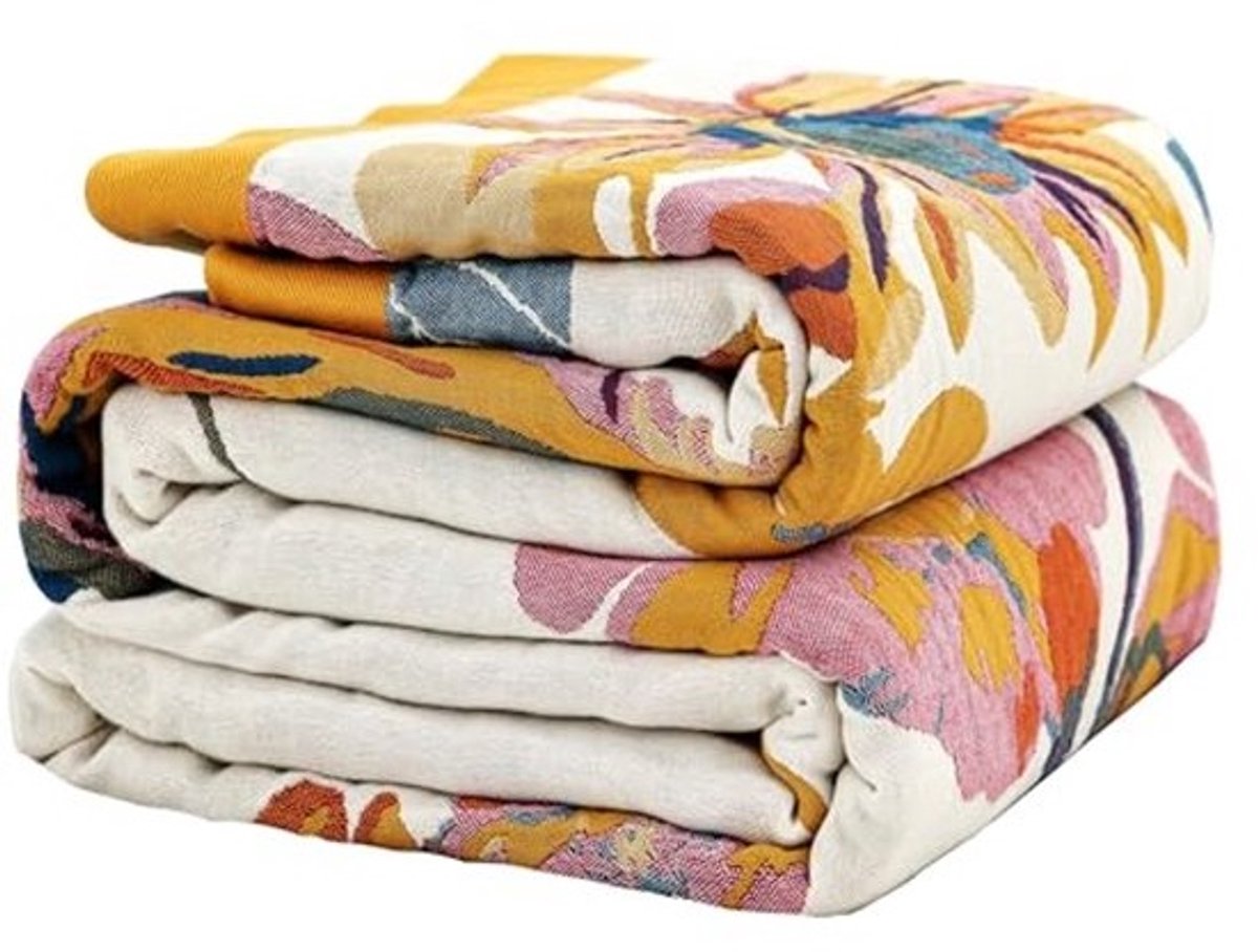 Boho Grote Plaid 100% Biologisch Katoen - Ademend en Zacht Beddegoed - Herfst Bloemen en Vogel Decor Deken voor Bank en Stoel