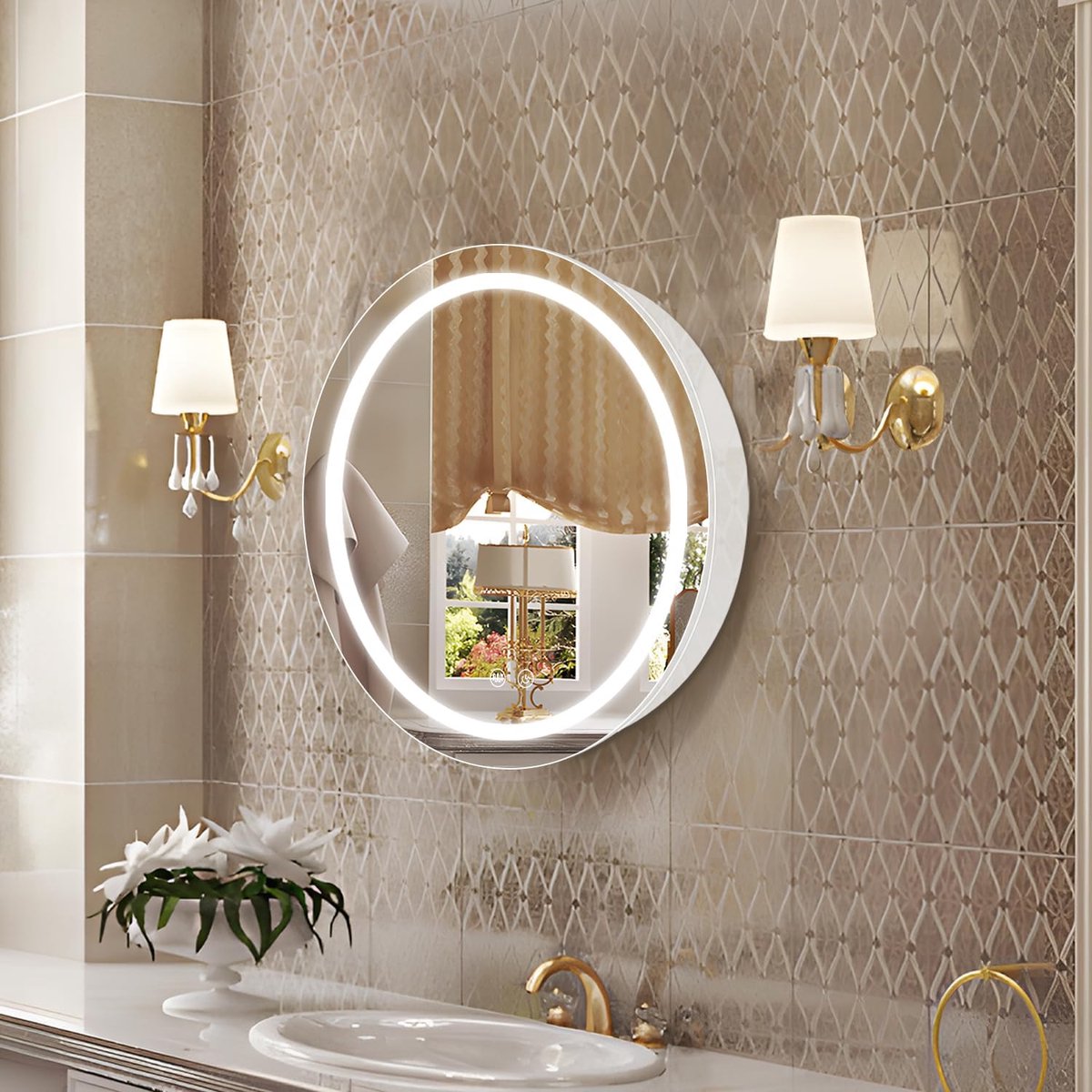 51 cm ronde medicijnkast met verlichting, led-medicijnkast met ontnevelaar, verlichte spiegelkast voor badkamer, dimbaar, condensvrij, 3000 K-6500 K, kleurtemperatuur, wit