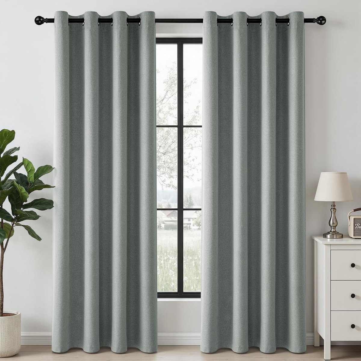 100% verduisterend, linnenlook, H 220 x B 140 cm, Saliegras thermogordijnen met oogjes, set van 2 voor slaapkamer, woonkamer en kinderkamer
