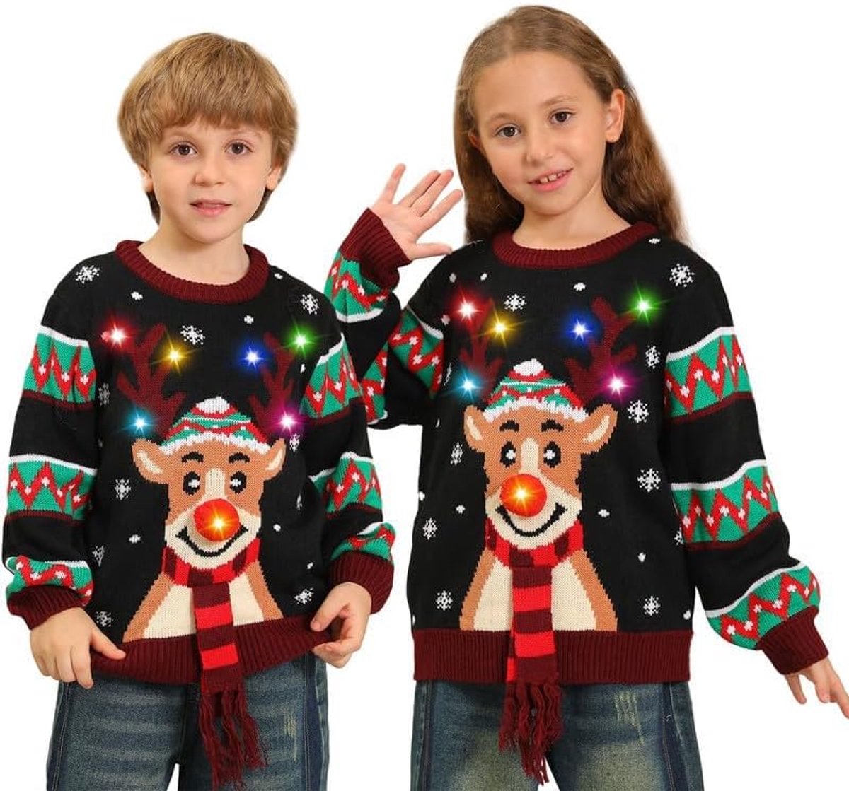 Kersttrui voor kinderen met lichtjes, grappig, ronde hals, kersttrui voor het gezin, ledlicht, ugly Christmas sweater voor kinderen, meisjes en jongens