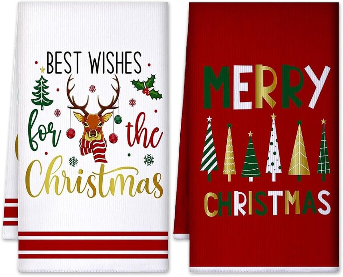 Theedoeken keuken Kerstmis, set van 2 stuks absorberende theedoeken keuken, kersthanddoeken, gezichtsdoeken, kerstdecoratie tafeldecoratie Kerstmis