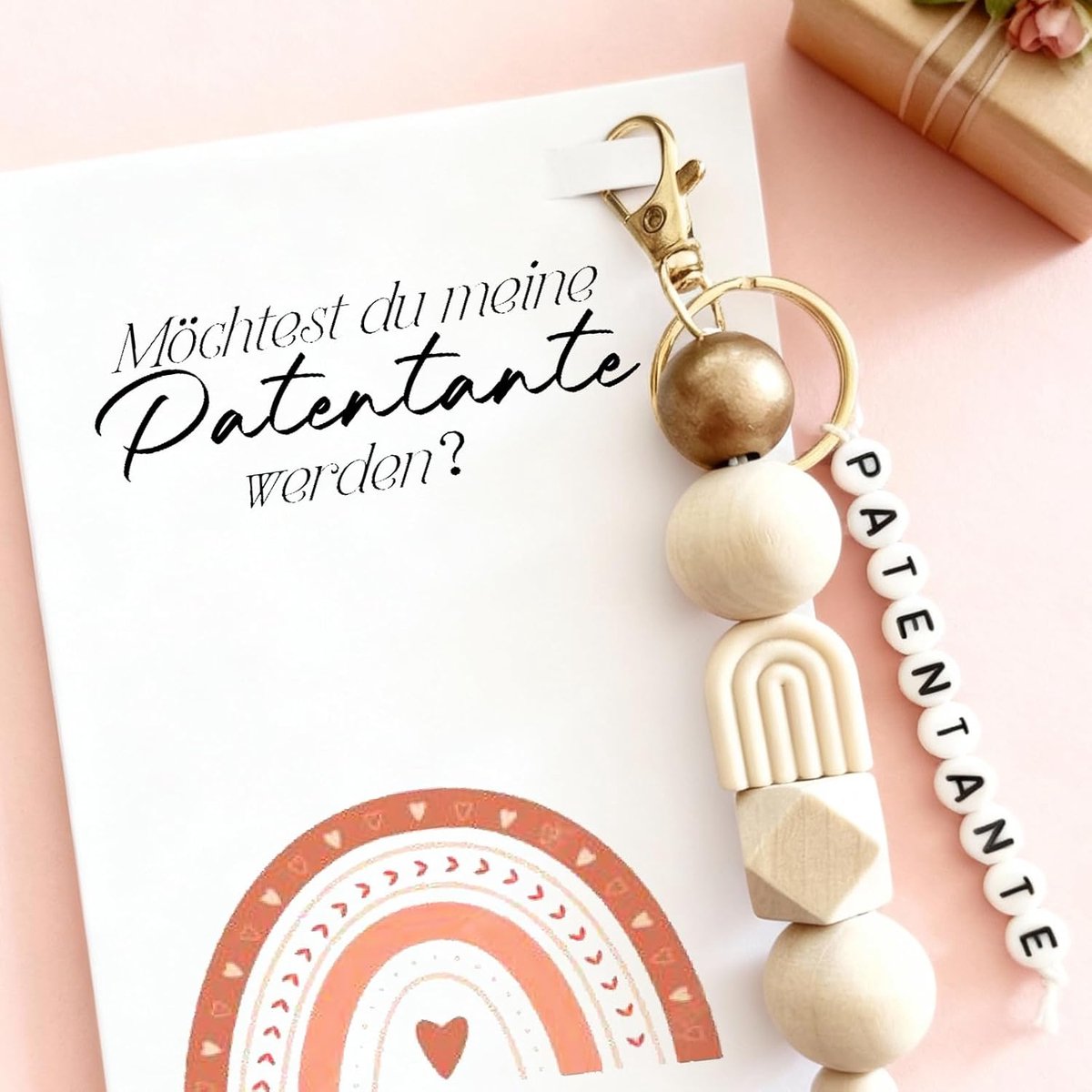 Cadeau voor patentante vragen - Wil je mijn peettante worden - met wenskaart, rozenkwarts hart sleutelhanger, lint en liefdevolle boodschap