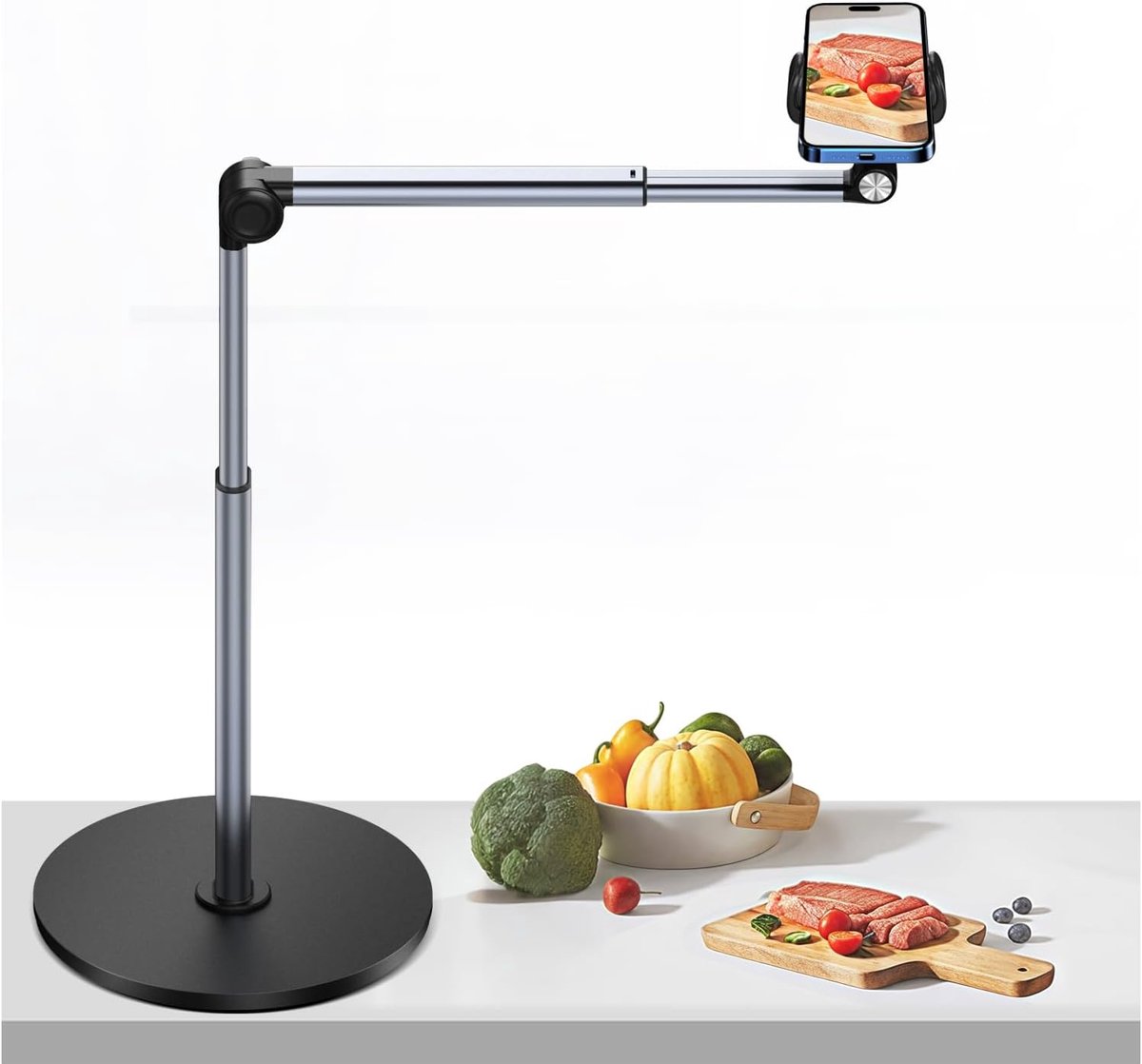 Statief voor mobiele telefoon, verstelbare hoogte voor iPhones, 30 cm lang, tafelstatief, mobiele telefoonhouder om te filmen en ideaal voor kookvideo's, tekenen, vergaderingen en