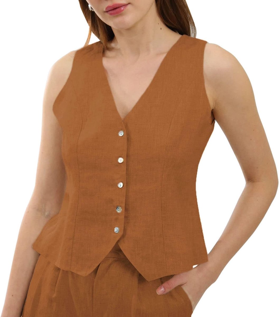 Kostuumvest voor dames, linnen mouwloos vest, damesvest, V-hals, kort, knoopsluiting, smalle pasvorm, verstelbare riemen