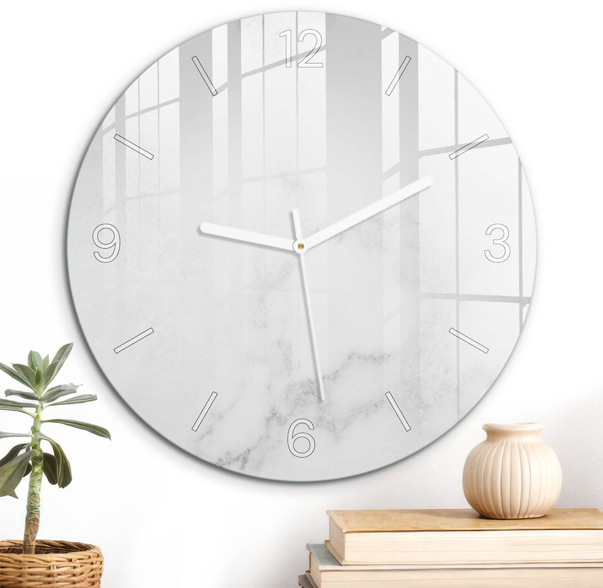 ArtPrintCave Wit Glazen Klok - Wandklok 30 cm - Muurklok Rond - Marmeren Elegantie Wandklok Keuken - Achtergronden En Patronen Unieke Klok - Witte Klokwijzers