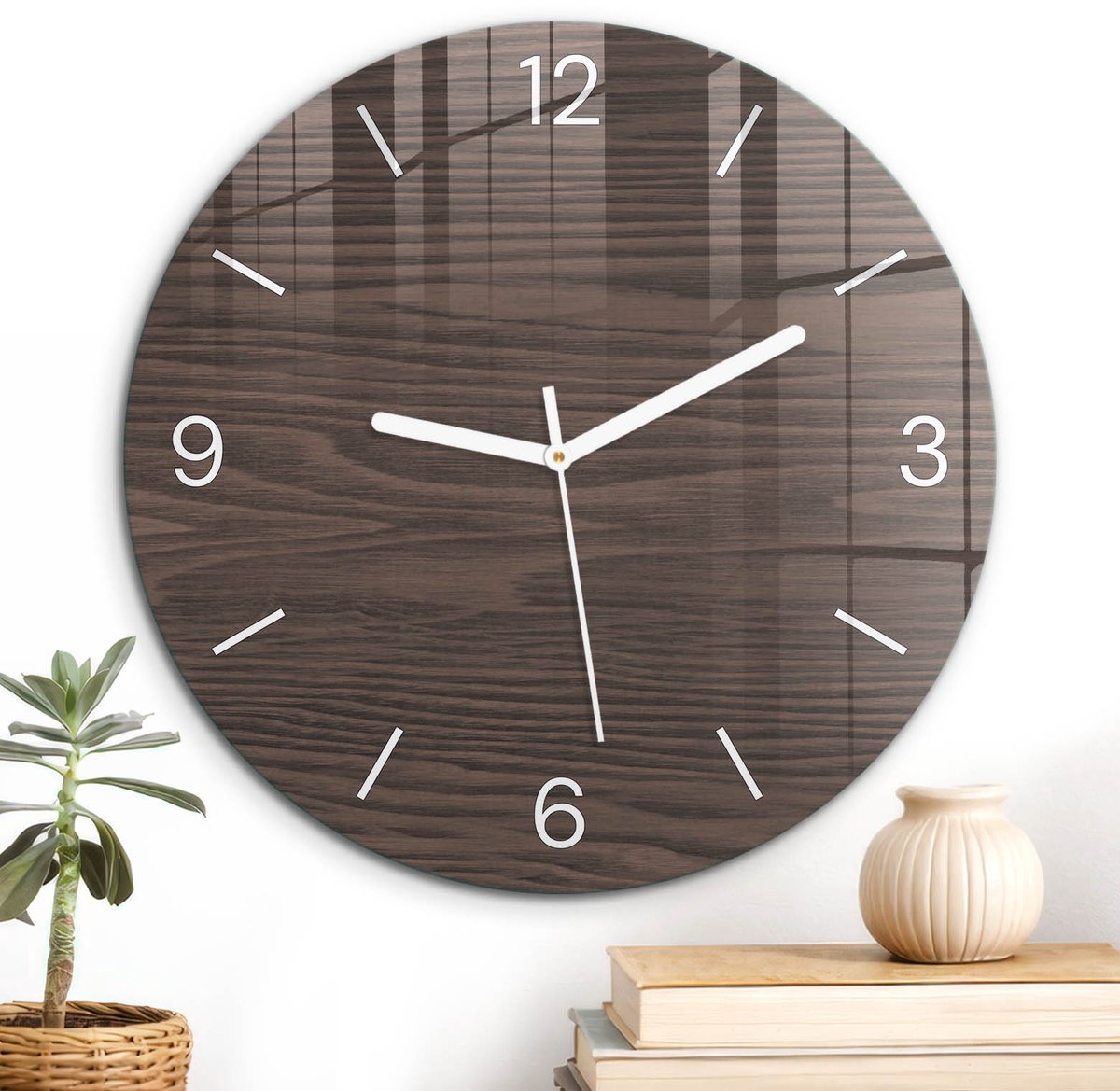 ArtPrintCave Bruin Glazen Klok - Wandklok 30 cm - Muurklok Rond - Houten Patronen Wandklok Keuken - Achtergronden En Patronen Unieke Klok - Witte Klokwijzers