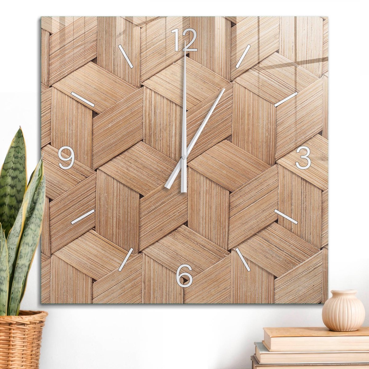 ArtPrintCave Beige Glazen Klok - 60x60 cm - Wandklok Vierkant - Gevlochten Patronen Wandklok Keuken - Natuur Unieke Klok - Witte Klokwijzers