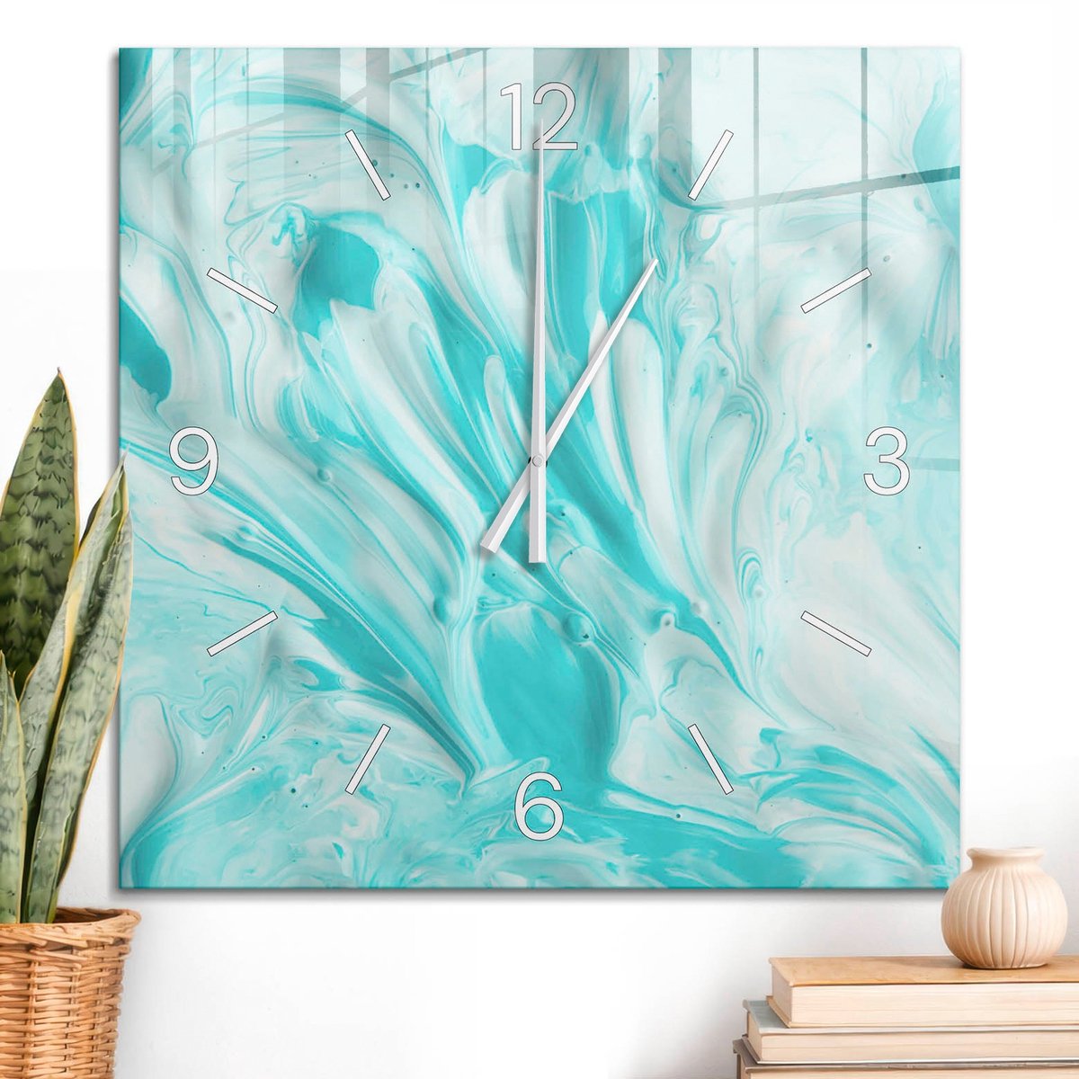 ArtPrintCave Turkoois Glazen Klok - 60x60 cm - Wandklok Vierkant - Mariene Abstractie Wandklok Keuken - Kunst Unieke Klok - Witte Klokwijzers