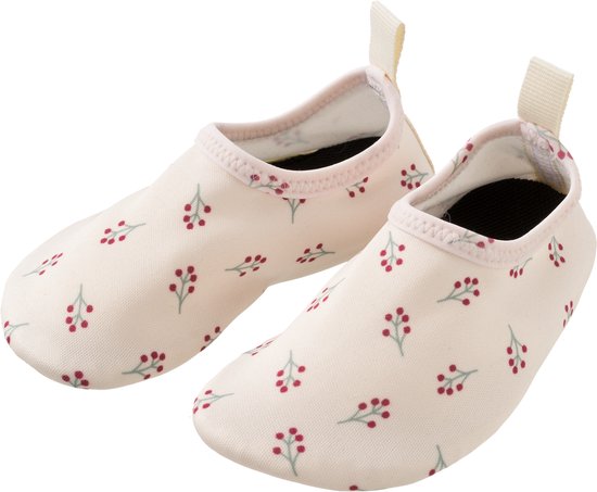 Ensemble de deux chaussons de bain rose pâle avec un motif de baies rouges. Bord élastique et languettes à l'arrière.
