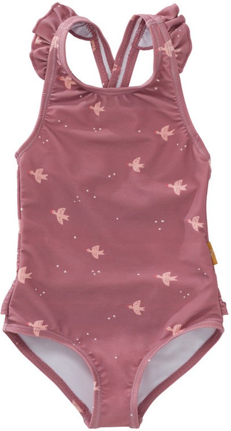 Roze badpak met zwaluwprint en ruches op de schouders.