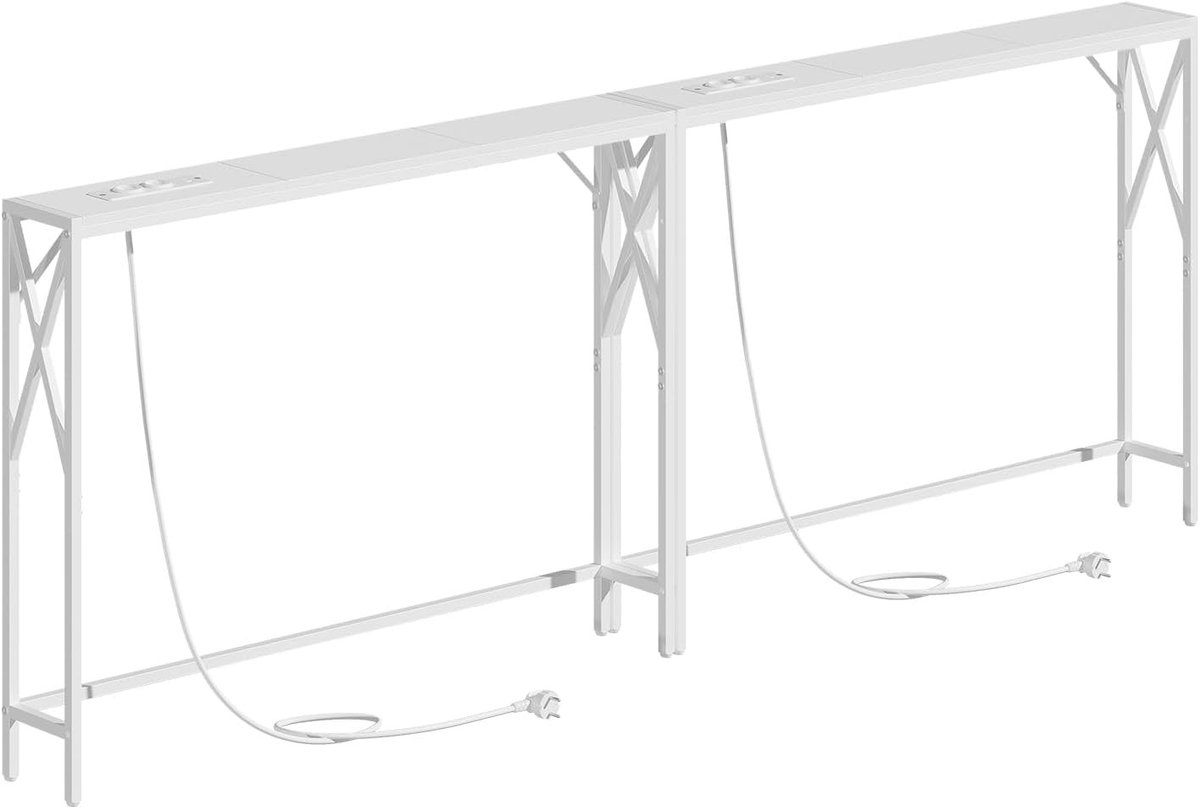 Vellaro Bijzettafel set - Wit - 100 x 15 x 73,8 cm - Spaanplaat en Metaal - Smalle consoletafels met oplaadstation