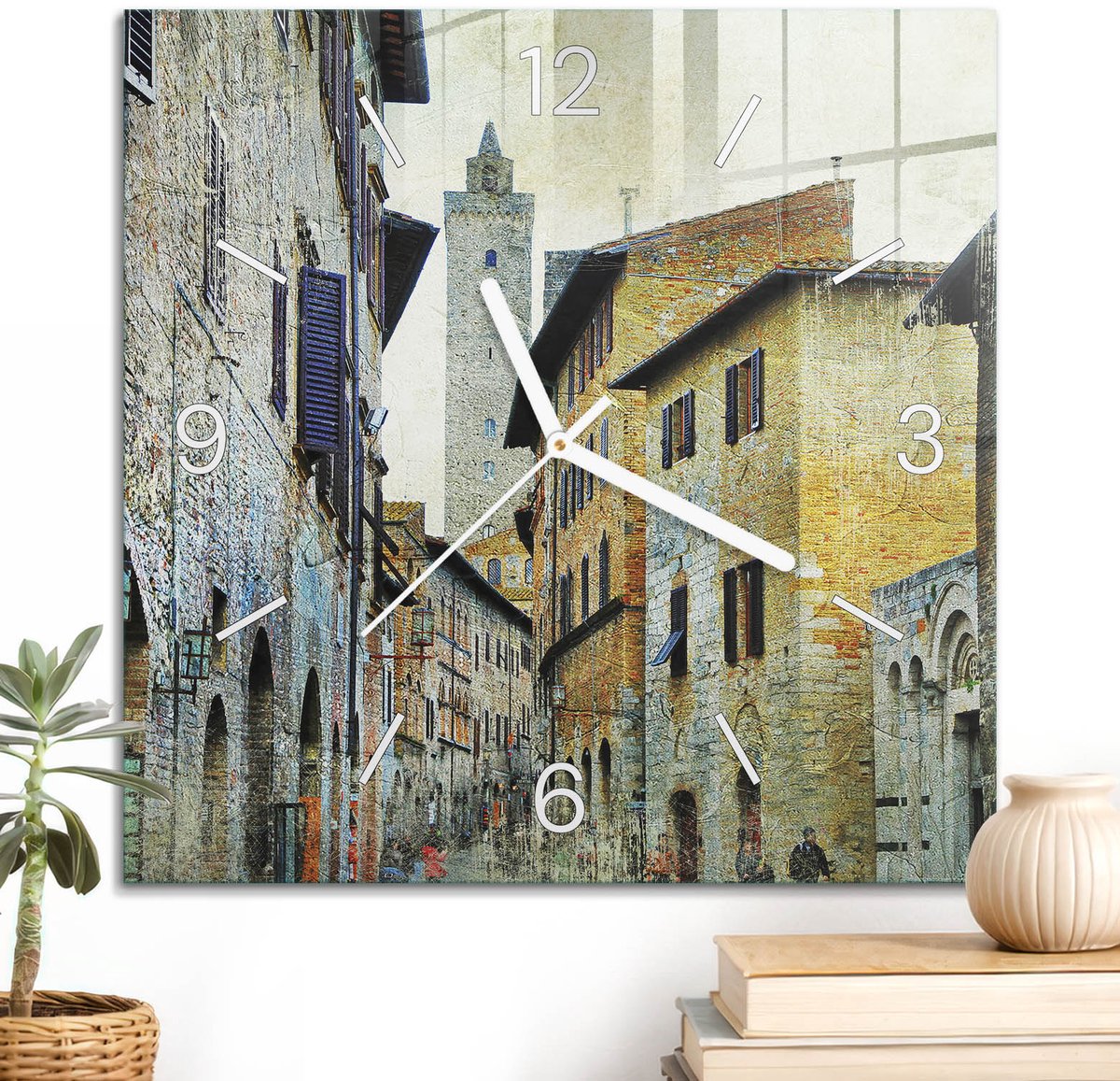 ArtPrintCave Bruin Glazen Klok - 30x30 cm - Wandklok Vierkant - Italiaanse Straat Unieke Klok - Steden Stille Wandklok - Witte Klokwijzers