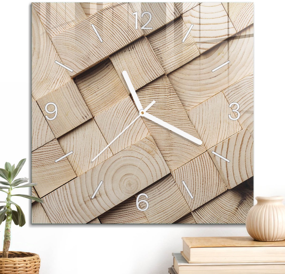 ArtPrintCave Beige Glazen Klok - 30x30 cm - Wandklok Vierkant - Houten Patronen Unieke Klok - Achtergronden En Patronen Stille Wandklok - Witte Klokwijzers