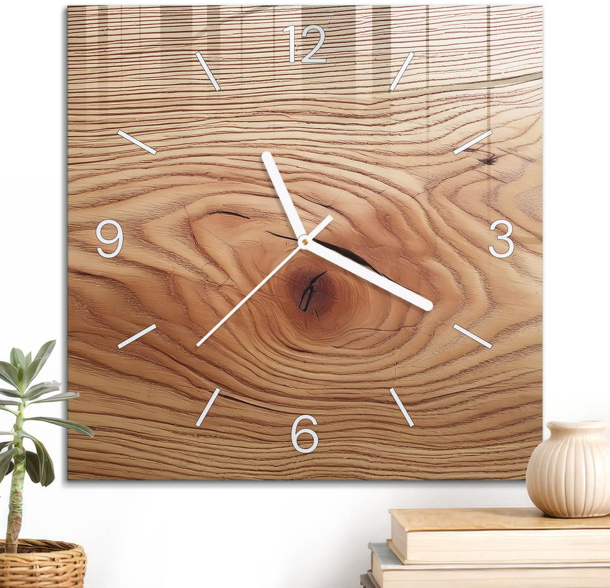 ArtPrintCave Bruin Glazen Klok - 30x30 cm - Wandklok Vierkant - Houtnerf Wandklok Keuken - Natuur Unieke Klok - Witte Klokwijzers