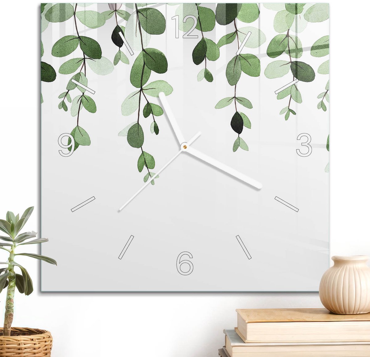 ArtPrintCave Groene Glazen Klok - 30x30 cm - Wandklok Vierkant - Groene Bladeren Unieke Klok - Natuur Stille Wandklok - Witte Klokwijzers