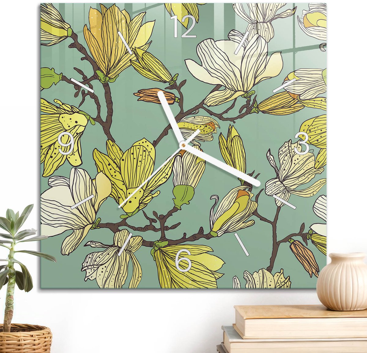 ArtPrintCave Turkoois Glazen Klok - 30x30 cm - Wandklok Vierkant - Turkooizen Magnolia'S Unieke Klok - Natuur Stille Wandklok - Witte Klokwijzers