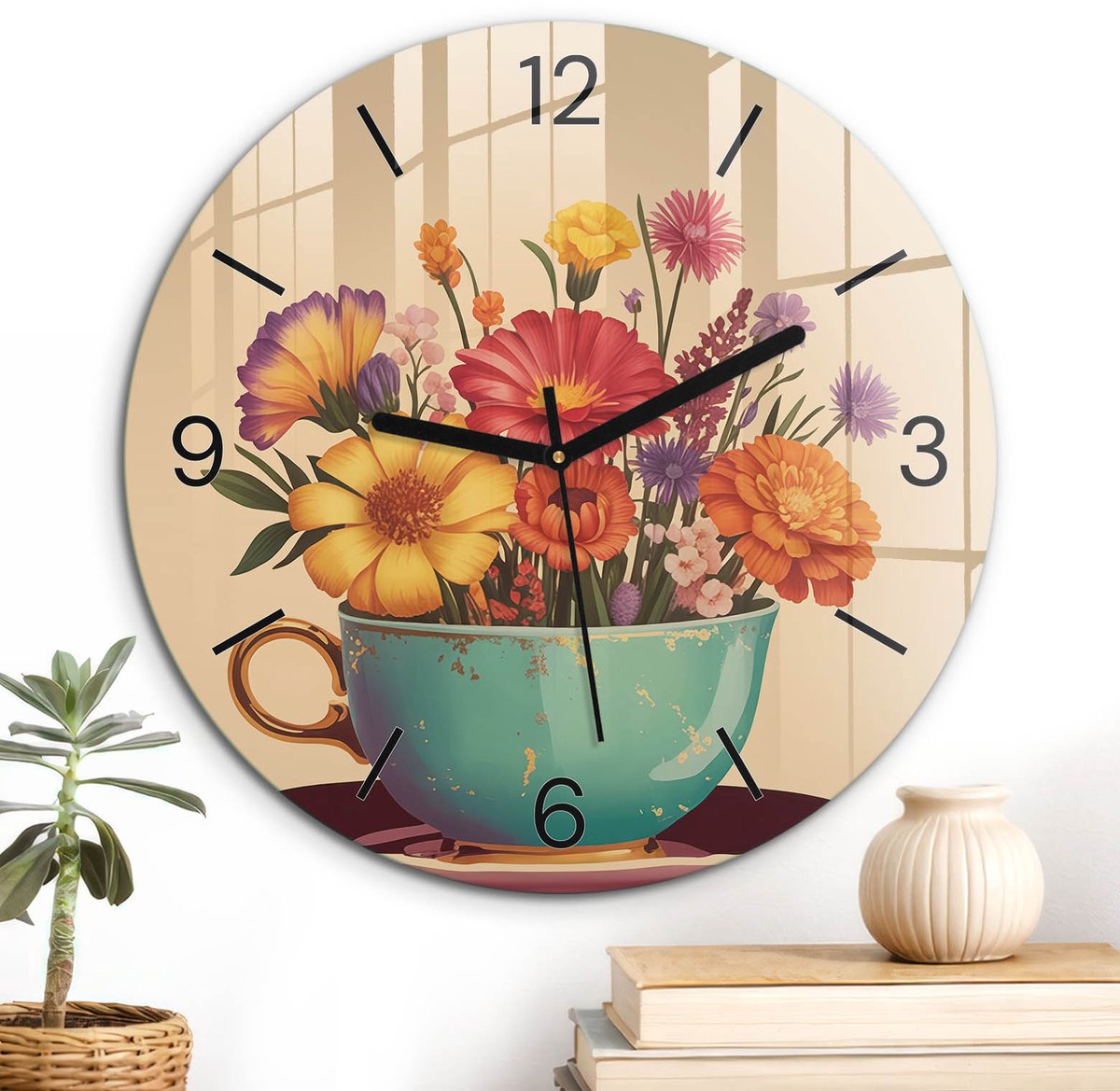 ArtPrintCave Beige Glazen Klok - Wandklok 30 cm - Muurklok Rond - Bloemkelk Wandklok Keuken - Kunst Unieke Klok - Zwarte Klokwijzers