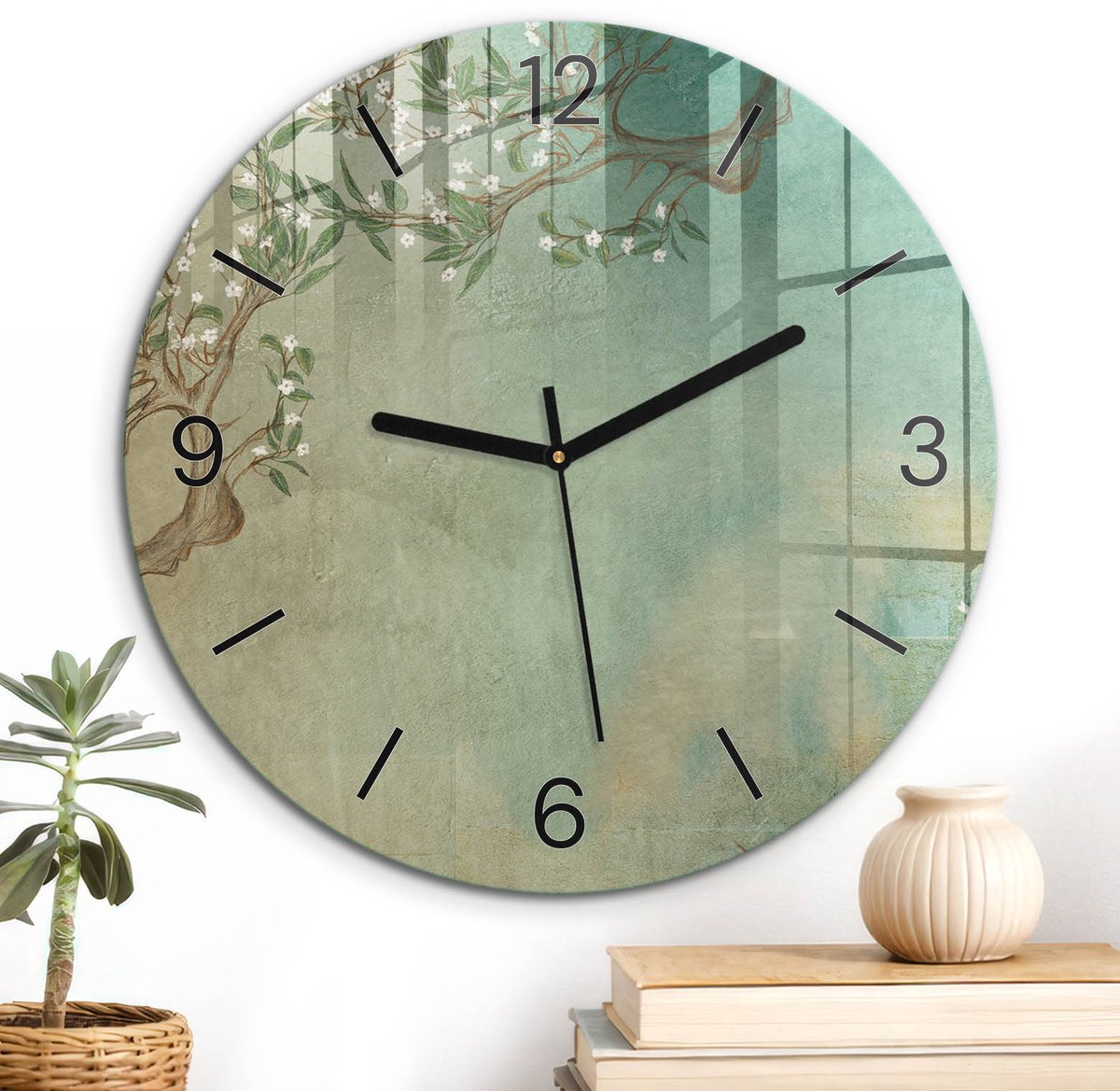 ArtPrintCave Beige Glazen Klok - Wandklok 30 cm - Muurklok Rond - Bloemenmotief Stille Wandklok - Natuur Wandklok Keuken - Zwarte Klokwijzers