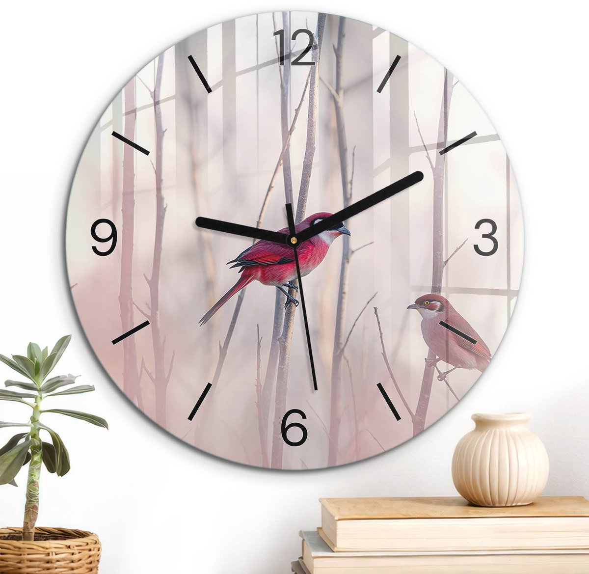 ArtPrintCave Roze Glazen Klok - Wandklok 30 cm - Muurklok Rond - Pastelkleurige Vogels Wandklok Keuken - Dieren Unieke Klok - Zwarte Klokwijzers