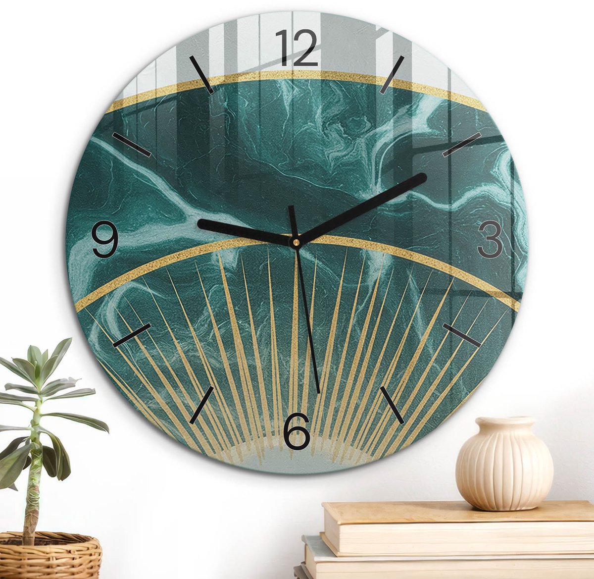 ArtPrintCave Turkoois Glazen Klok - Wandklok 30 cm - Muurklok Rond - Gele Cirkels Wandklok Keuken - Abstractie Unieke Klok - Zwarte Klokwijzers