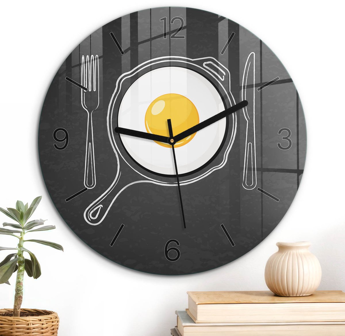 ArtPrintCave Zwart Glazen Klok - Wandklok 30 cm - Muurklok Rond - Ei In Een Pan Unieke Klok - Abstractie Stille Wandklok - Zwarte Klokwijzers