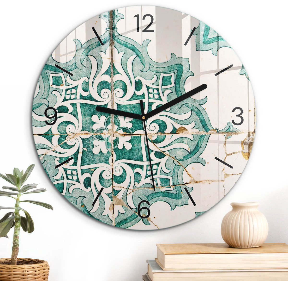 ArtPrintCave Romig Glazen Klok - Wandklok 30 cm - Muurklok Rond - Vintage Tegels Stille Wandklok - Achtergronden En Patronen Wandklok Keuken - Zwarte Klokwijzers