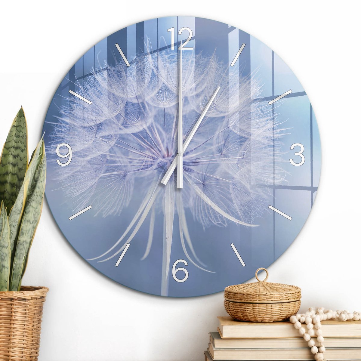 ArtPrintCave Blauw Glazen Klok - Wandklok 60 cm - Muurklok Rond - Paardenbloem Van Dromen Stille Wandklok - Natuur Wandklok Keuken - Witte Klokwijzers