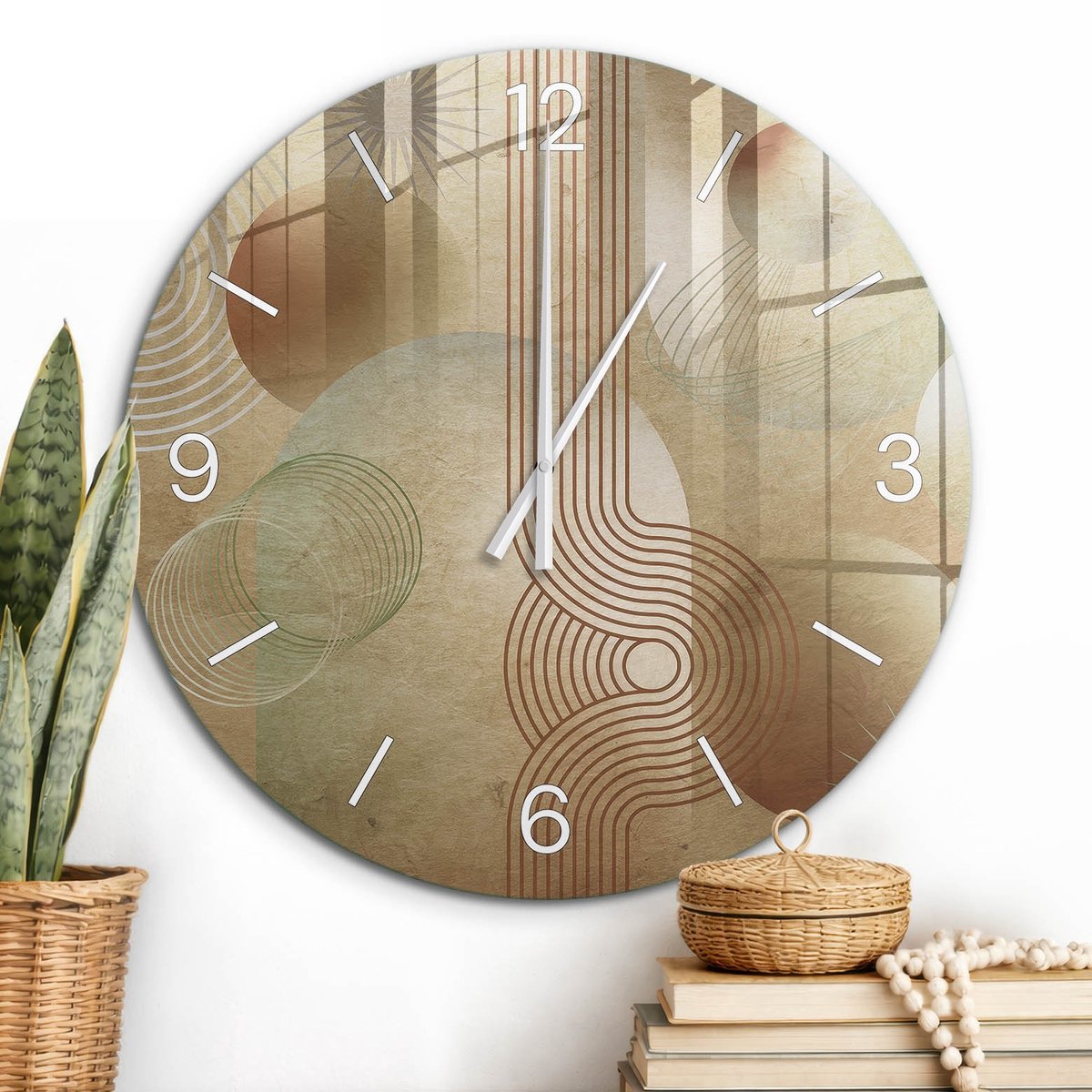 ArtPrintCave Beige Glazen Klok - Wandklok 60 cm - Muurklok Rond - Abstracte Patronen Wandklok Keuken - Geometrie Unieke Klok - Witte Klokwijzers