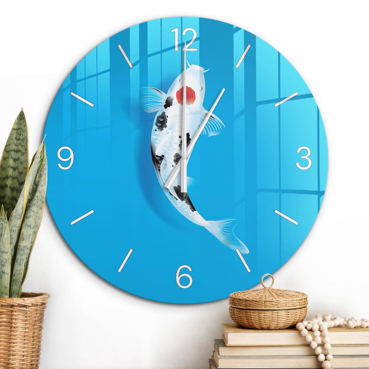 ArtPrintCave Blauw Glazen Klok - Wandklok 60 cm - Muurklok Rond - Koi Karper Wandklok Keuken - Natuur Unieke Klok - Witte Klokwijzers