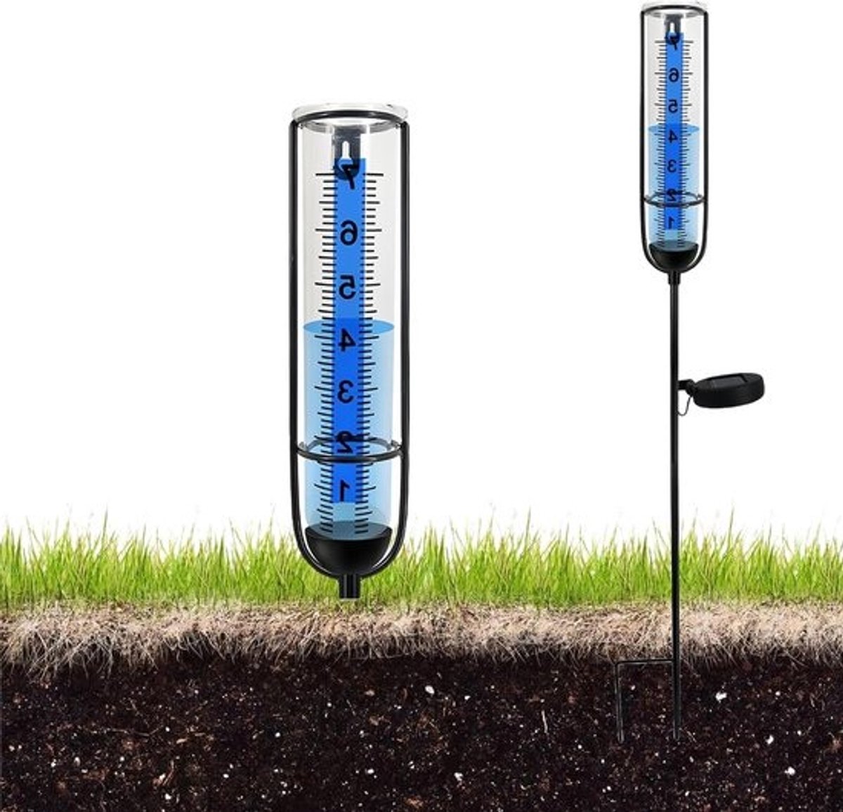 Vorstbestendige regenmeter voor buiten met licht - glazen regenwatermeter op zonne-energie voor tuin