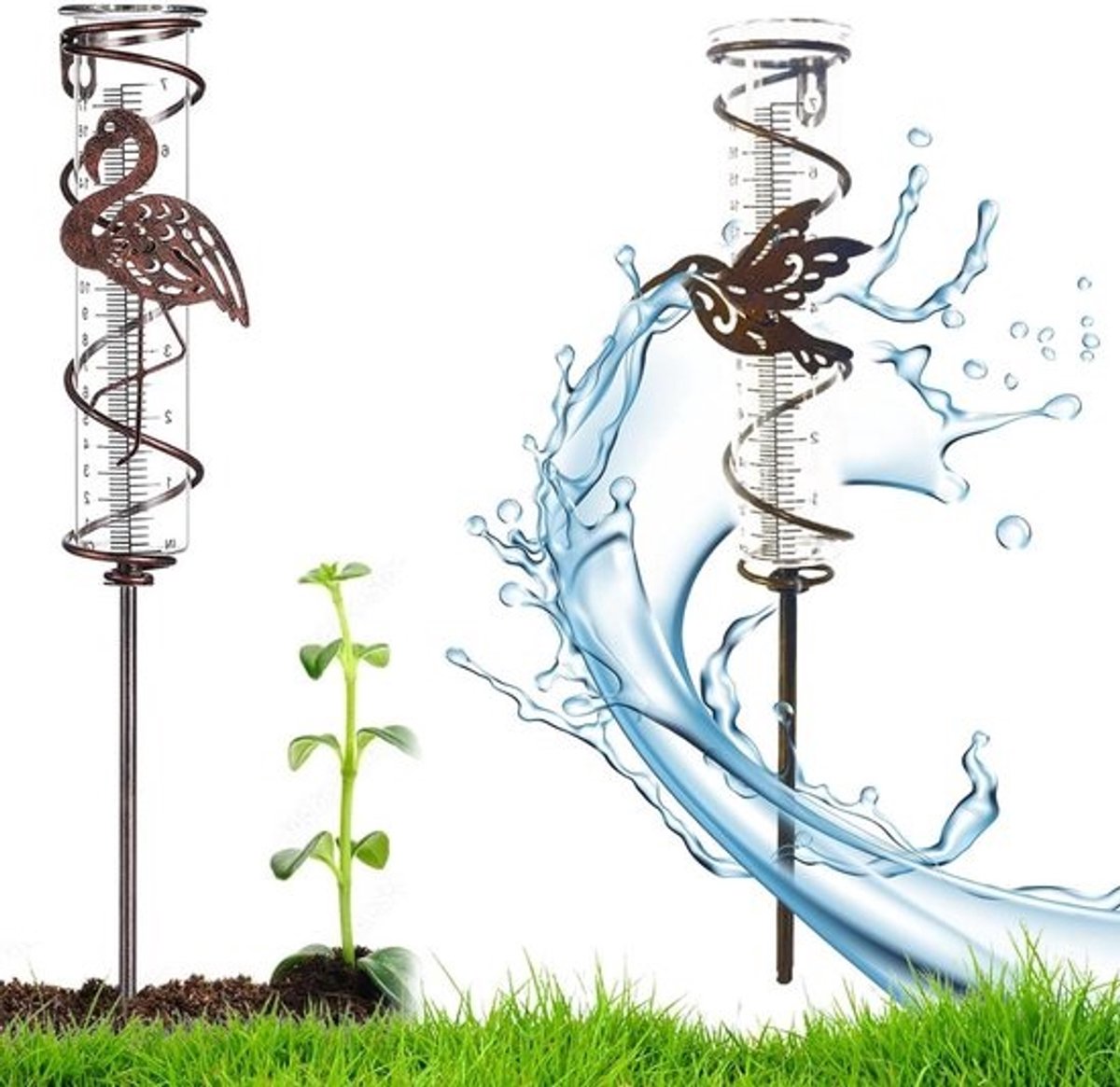 Neerslagmeter van glas - Regenmeter litermeter metaal vogel plantensteker met heldere schaal voor tuin gazon terras
