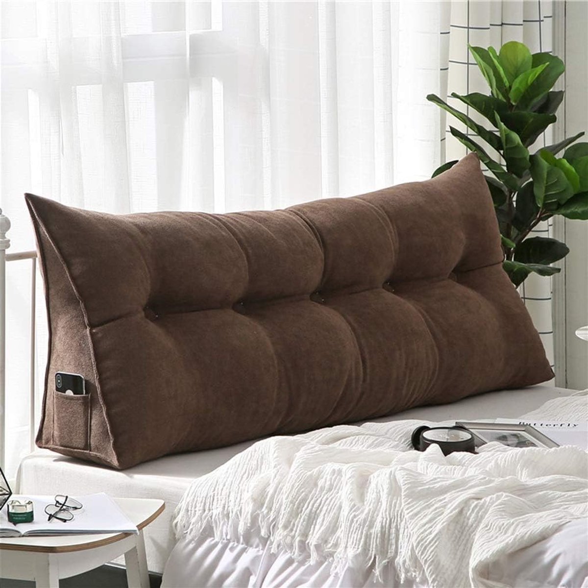 Kussen Slaapkamer Tweepersoonsbed Rugleuning Lumbale Kussen Gestoffeerd Driehoekig Wig Kussens, Slaapbank Rest Leeskussen Positionering Ondersteuning Pad (Kleur: Bruin, Maat: 200*50*20cm)