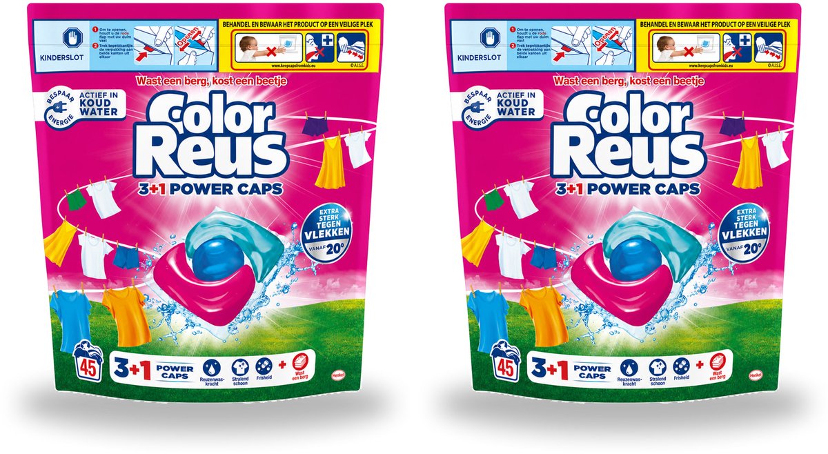 2 x Color Reus - 3+1 Power Caps - Gekleurde Was - 45 Wasbeurten - Voordeelverpakking - 2 stuks