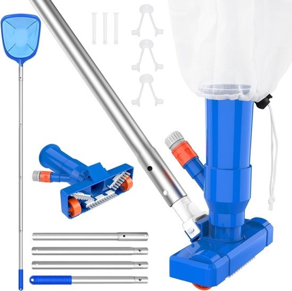 Handle pool vacuum & skimmer net set - 4 secties van 150 cm - Voor kleine zwembaden en spa's