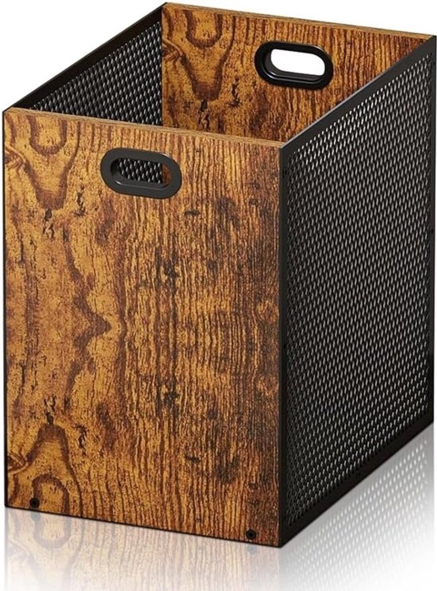 Ruimtebesparende afvalemmer 16.8 L van ijzer en hout, rechthoekig, met handvatten, 28 x 20 x 30 cm, industriële stijl