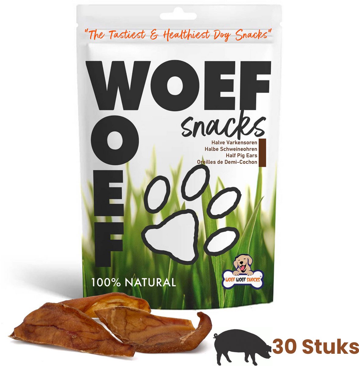 Woef Woef Snacks Hondensnacks Halve Varkensoren 30 stuks - Kauwsnacks Gedroogd vlees Varken Alle honden vanaf 8kg Geen toevoegingen