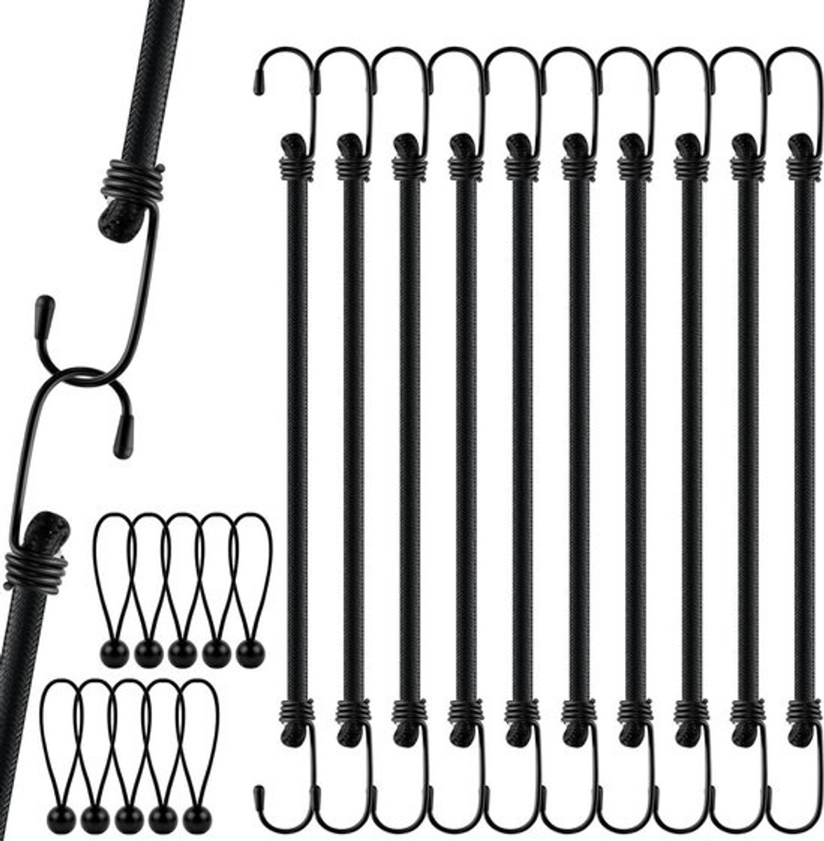 Set van 10 Elastische Spanners met Haken, Stevige Elastische Touwen van 30 cm en 15 cm voor Ladingen, Verpakking en Kamperen