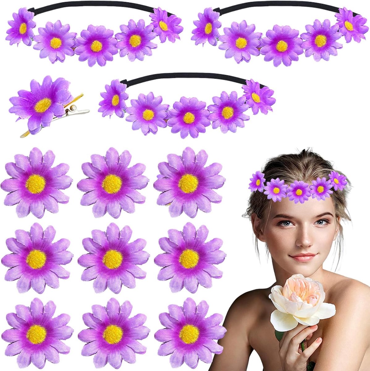 13 stuks madeliefjeshoofdband, bloemenkroon hoofdband, bloemenkroon, voor vrouwen, meisjes, bruiloft, festival, feest, haarhoofdbanden, accessoires (paars)